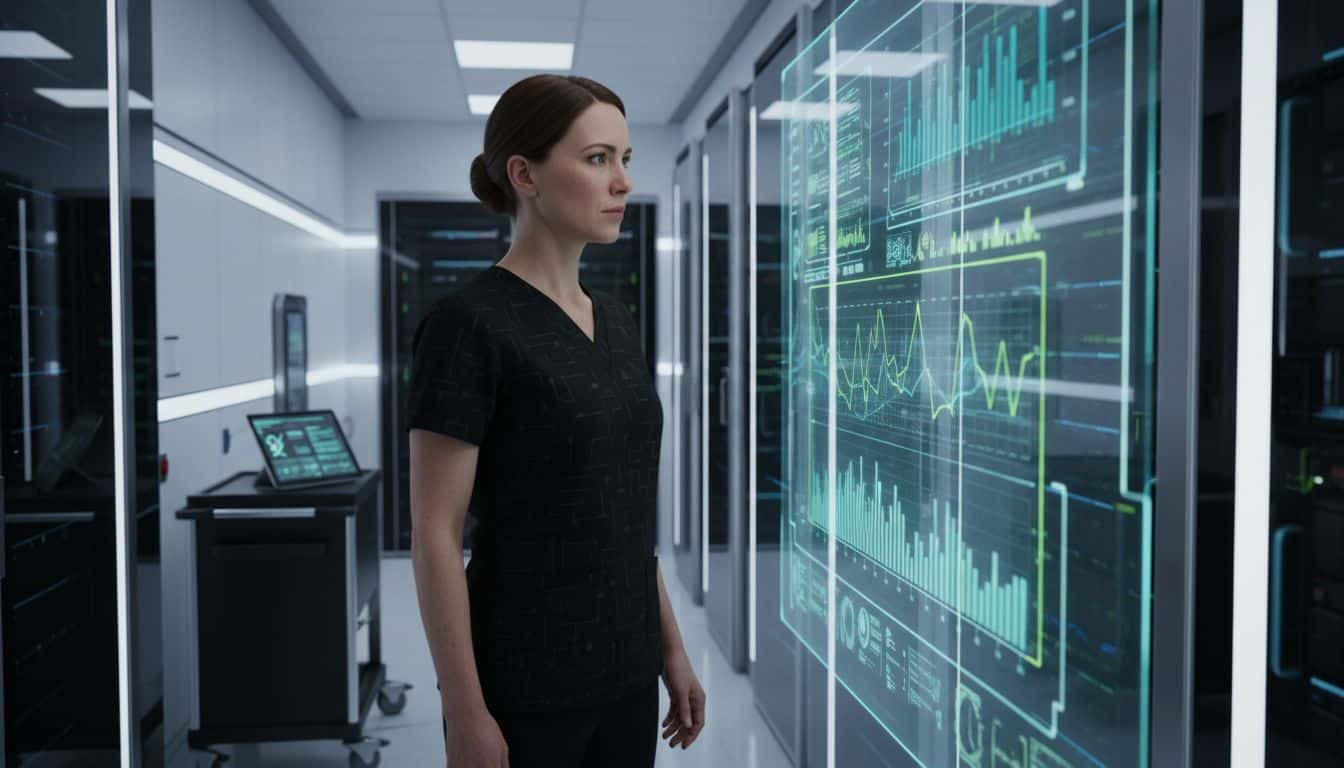```json { "alt": "Person in a high-tech lab looking at digital data displays on a screen.", "title": "Person in a lab analyzing digital data displays." } ```