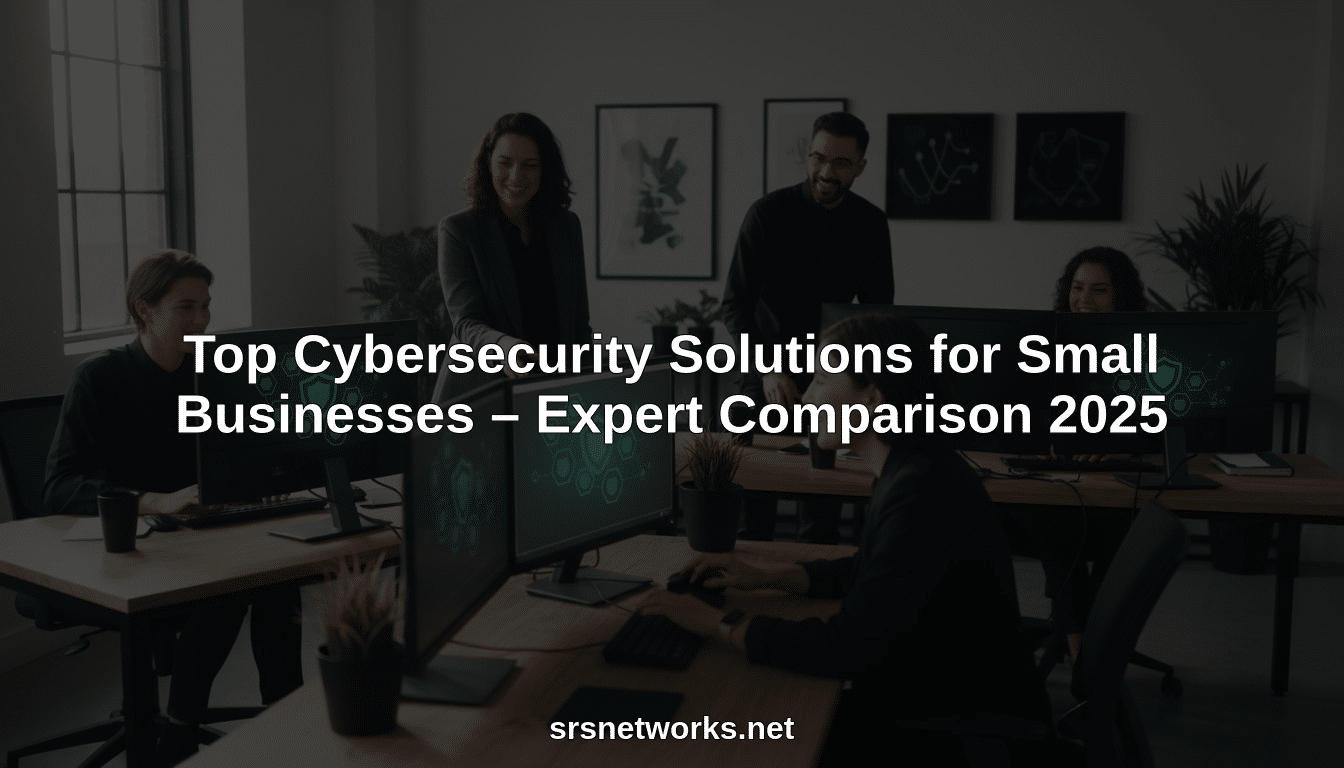 Team collaborating on cybersecurity solutions in a modern office, featuring multiple monitors displaying security graphics, relevant to small business IT support and strategies for 2025.