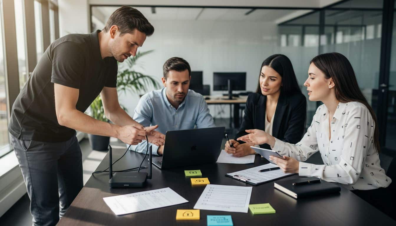 Team collaborating in a modern office, discussing IT solutions and security practices, with a laptop and network device on the table, surrounded by notes and colorful sticky reminders.