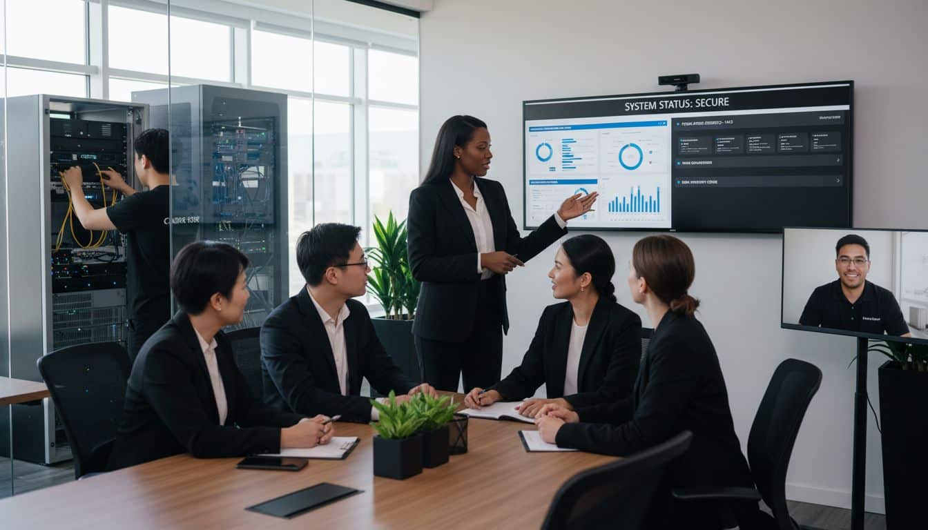 Business meeting with IT professionals discussing system security, featuring a presenter pointing at a screen displaying system status and analytics, while a technician works on server equipment in the background.
