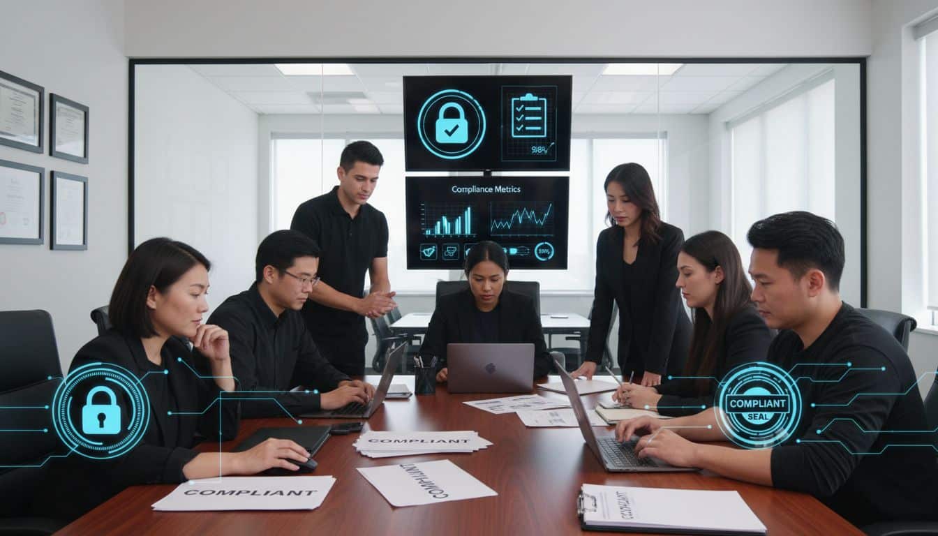 Group of professionals in a meeting room analyzing compliance metrics, with digital elements displaying a lock icon and compliance seal, emphasizing IT compliance for businesses.