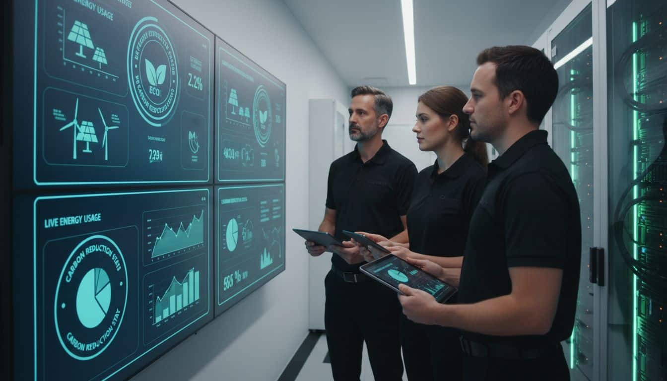 Team analyzing energy usage data on digital displays in a tech environment, emphasizing green IT solutions and sustainability metrics.