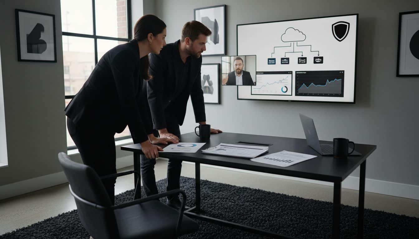 Two professionals in business attire reviewing network vulnerability data on a screen, discussing cybersecurity strategies in a modern office setting.