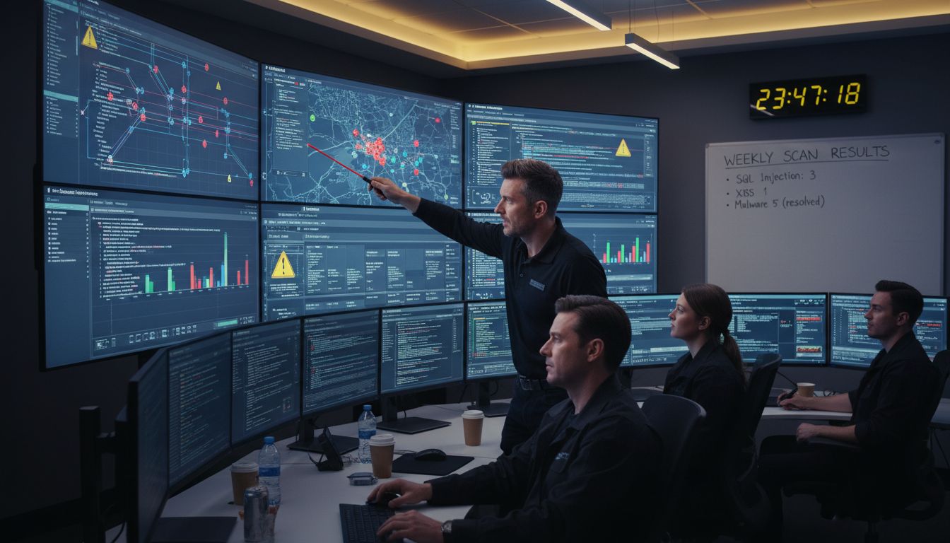 Team monitoring network security in a control room with multiple screens displaying vulnerability scan results and alerts, emphasizing cybersecurity and IT service management.