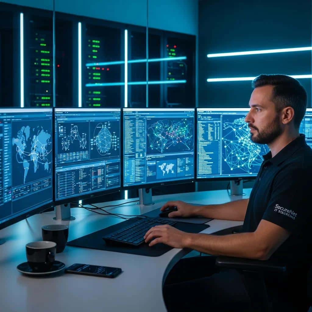IT technician monitoring network data on multiple screens in a high-tech control room, showcasing managed IT services and proactive support for business continuity.