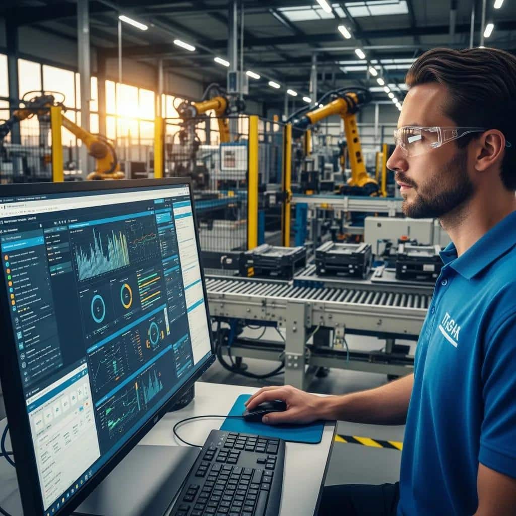IT technician monitoring systems on a computer in a manufacturing facility, analyzing performance data to reduce production downtime and enhance efficiency.