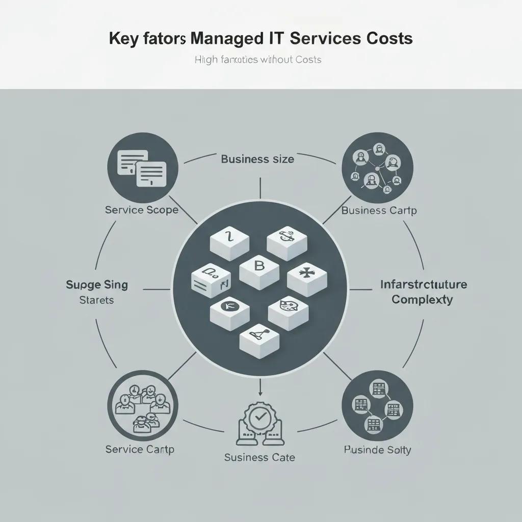 Key factors influencing managed IT services costs, including service scope, business size, infrastructure complexity, and service categories, represented through engaging icons and graphics.