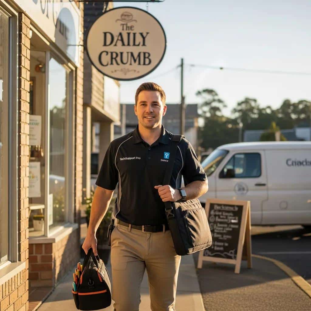 Local IT technician arriving at a small business, carrying equipment bags, with a sign for "The Daily Crumb" in the background, illustrating on-site IT support services for small businesses.