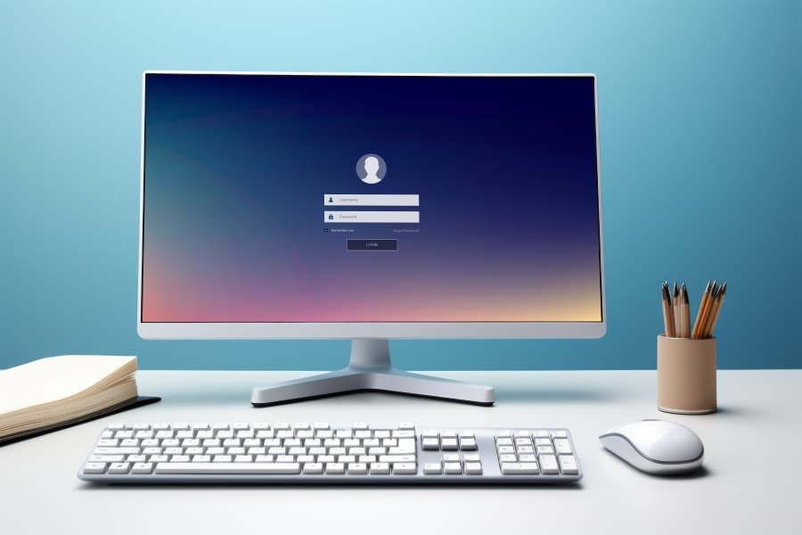 Modern desktop computer displaying a virtual desktop login interface with keyboard and mouse, symbolizing SRS Networks' cloud-based virtual desktop infrastructure solutions for enhanced productivity and accessibility.