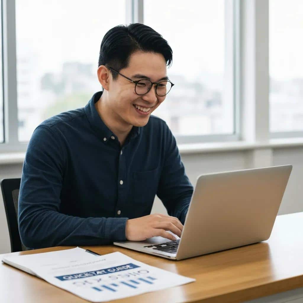 A new employee using a laptop in a modern workspace during IT onboarding