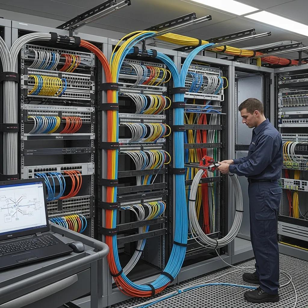 Technician organizing color-coded network cables in a structured wiring installation, demonstrating best practices for efficient network management and maintenance.
