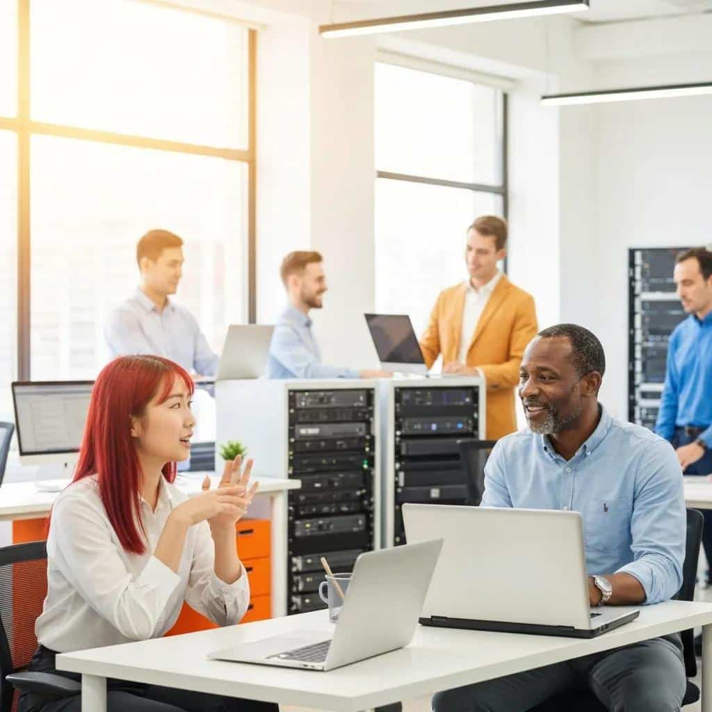 Professionals collaborating in a modern office, showcasing teamwork in managed IT services