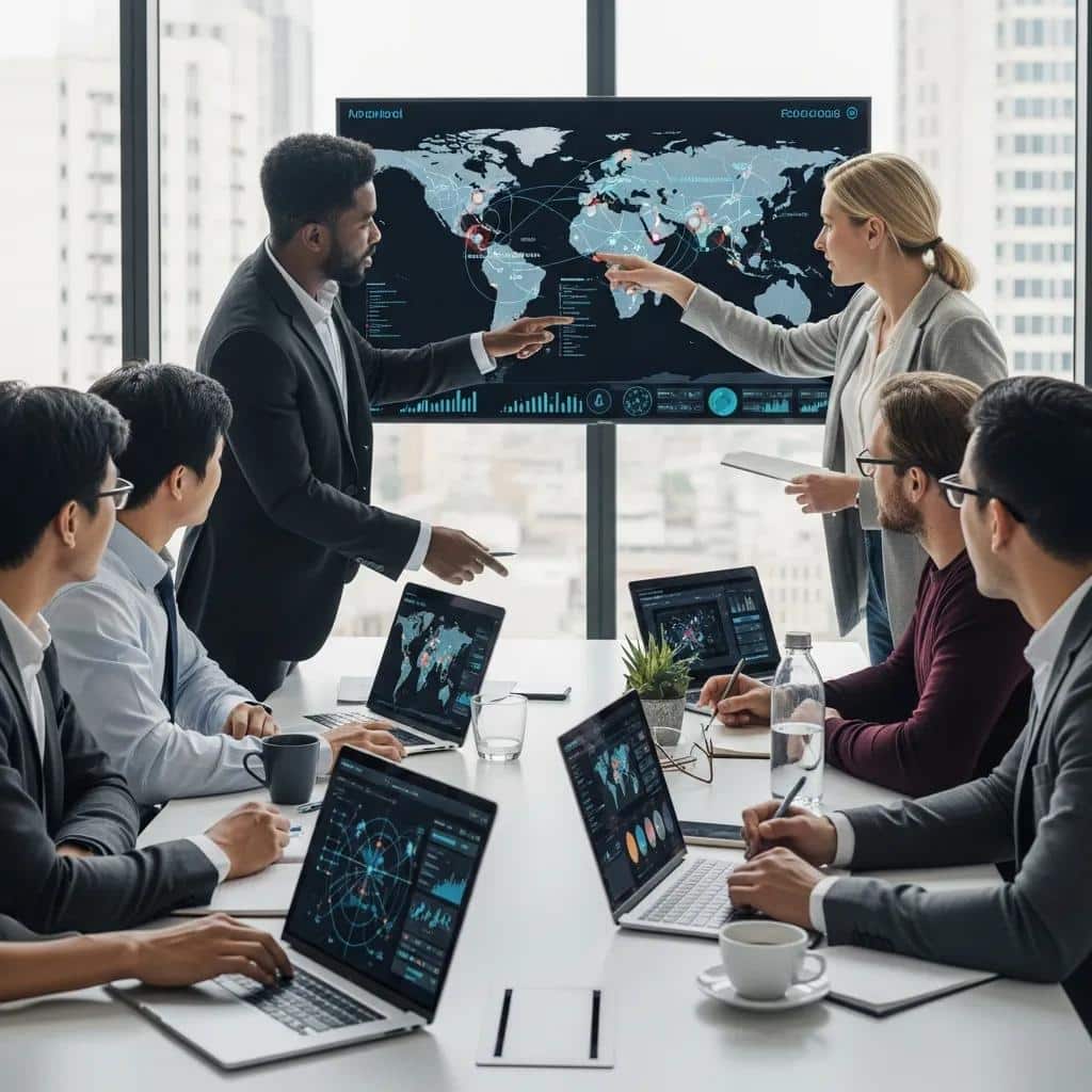 Professionals collaborating on cybersecurity strategies in a modern office setting