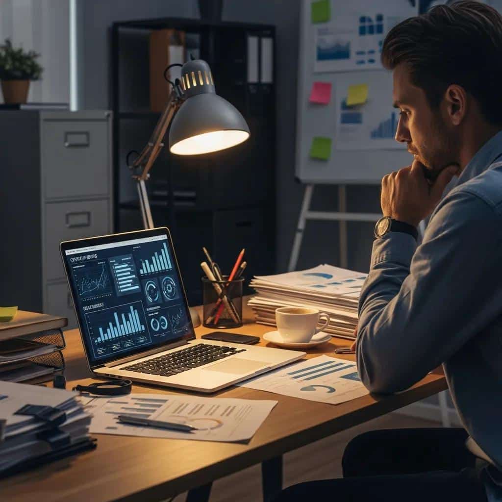 Business professional reviewing cybersecurity data on laptop, surrounded by reports and analytics, emphasizing the importance of managed SIEM for SMBs and non-profits.