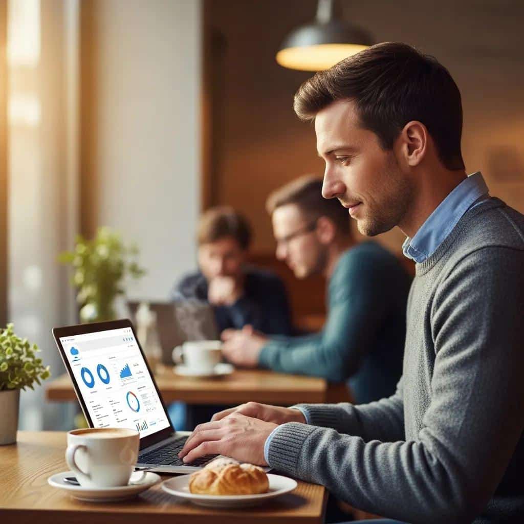 Small-business owner accessing cloud applications from a café