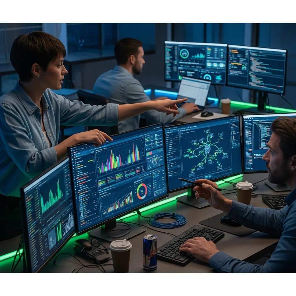 Small business IT team analyzing data on multiple monitors in a control room, showcasing proactive support and monitoring benefits.