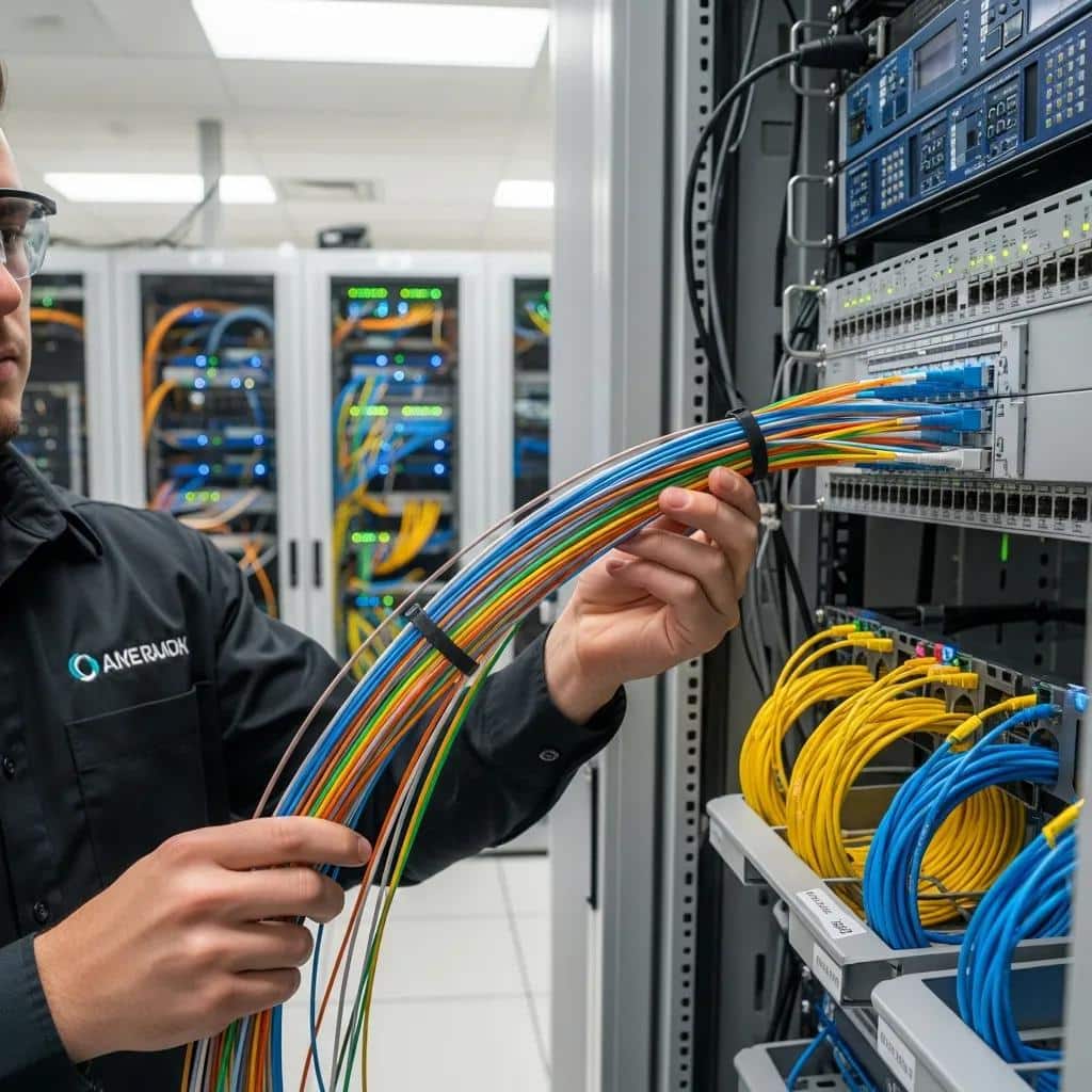Technician organizing and installing colorful fiber optic cables in a commercial network room, showcasing modern structured cabling infrastructure for enhanced connectivity and performance.