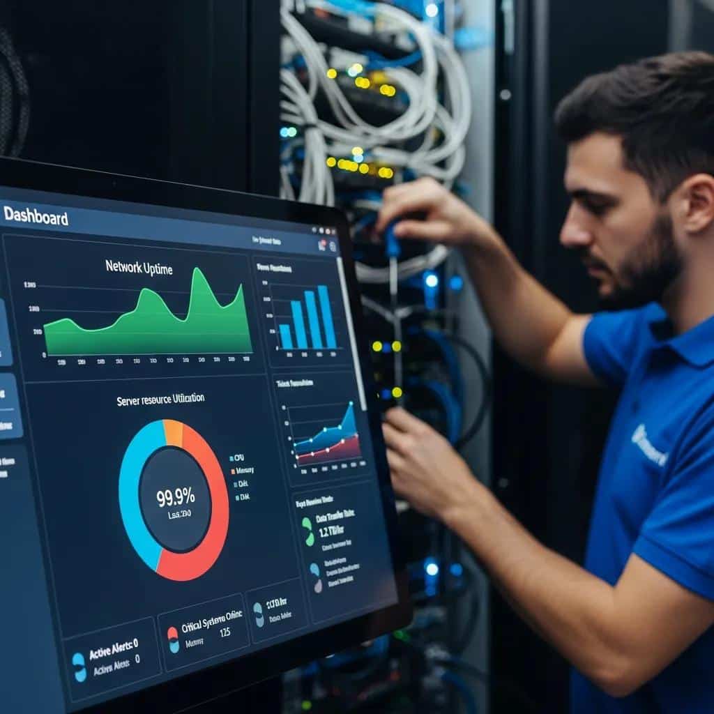 Technician watching network monitoring dashboard — proactive managed IT support