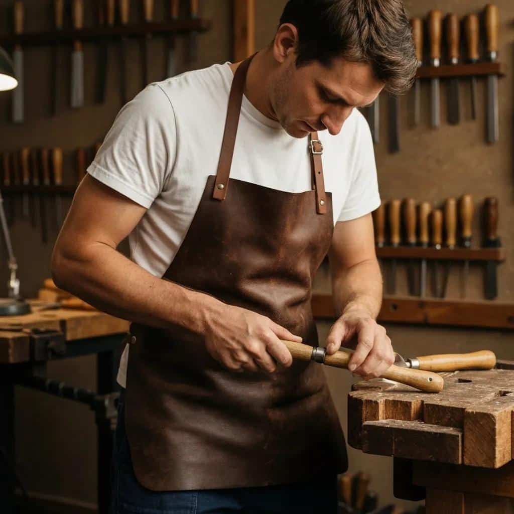 Craftsman in leather apron working with woodworking tools in a workshop, highlighting operational efficiency in managed IT services.