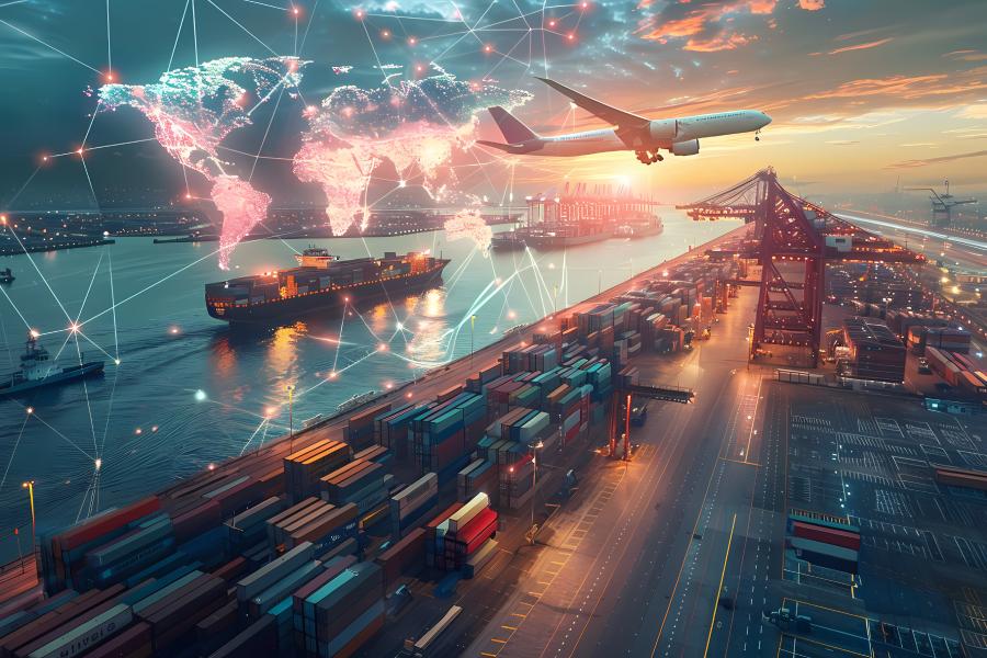 Futuristic logistics scene with interconnected global shipping routes, featuring a cargo ship navigating a port, an airplane flying overhead, and shipping containers illustrating supply chain efficiency and data flow.